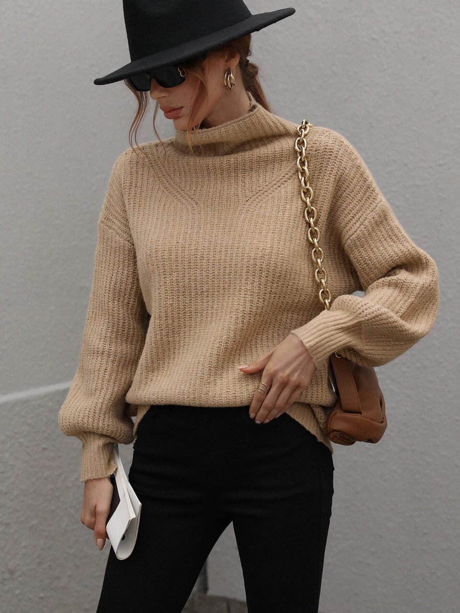 High Neck Balloon Sleeve Rib - Knit Pullover Sweater - Wow Store