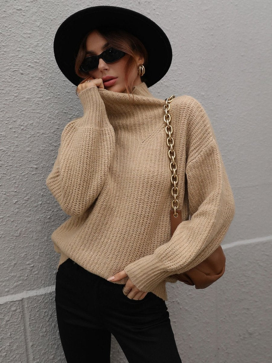 High Neck Balloon Sleeve Rib - Knit Pullover Sweater - Wow Store