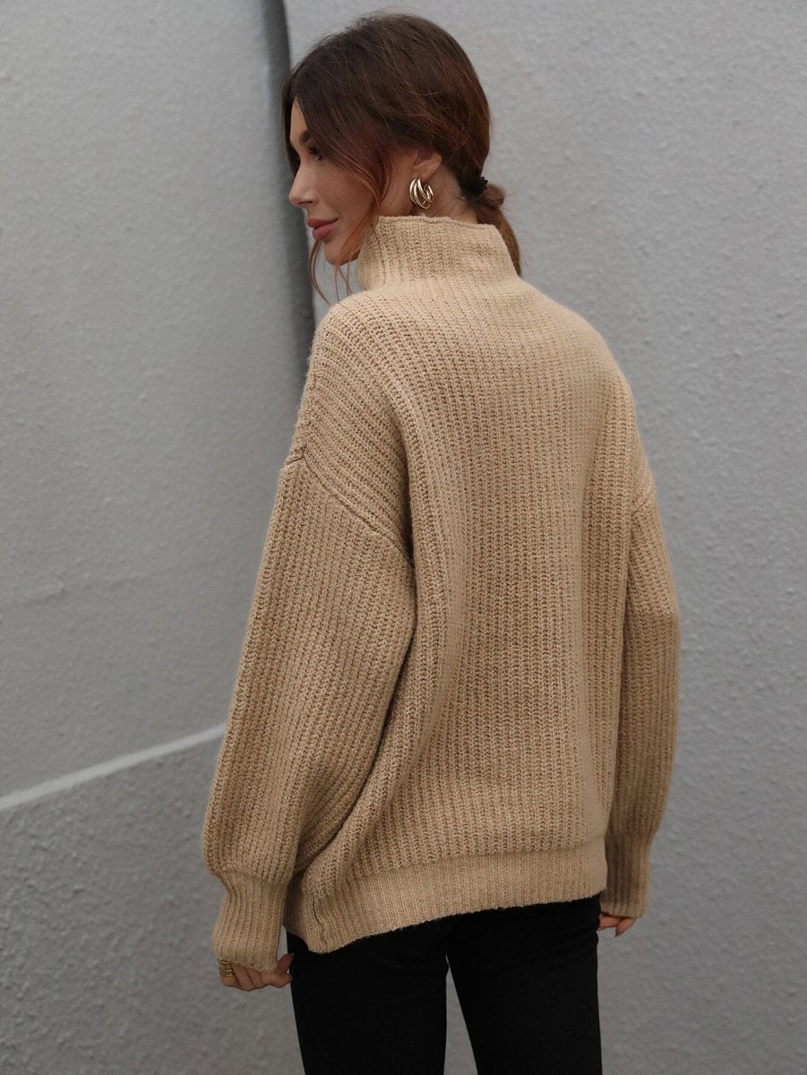 High Neck Balloon Sleeve Rib - Knit Pullover Sweater - Wow Store