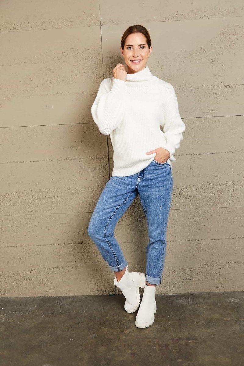 High Neck Balloon Sleeve Rib - Knit Pullover Sweater - Wow Store
