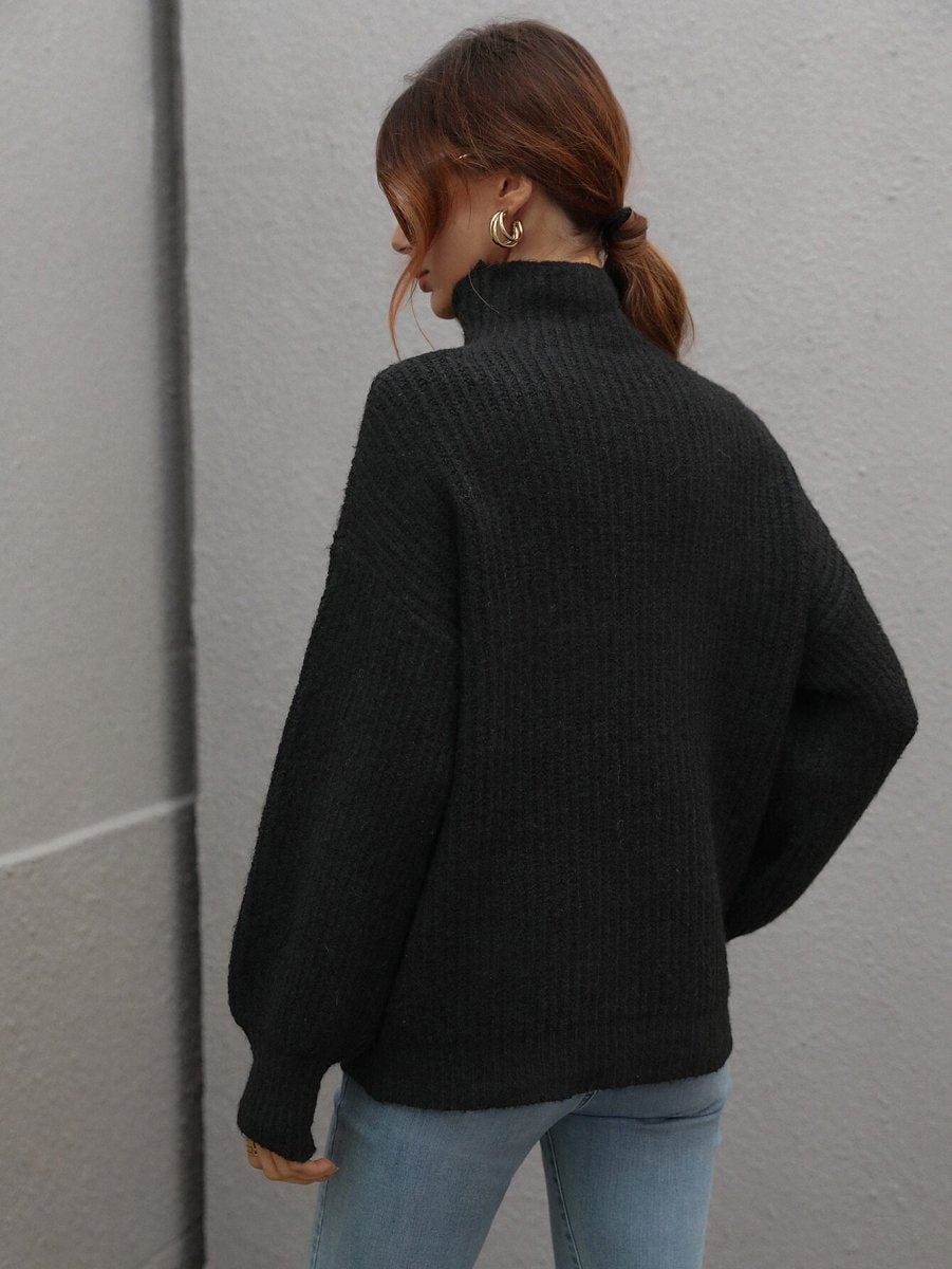 High Neck Balloon Sleeve Rib - Knit Pullover Sweater - Wow Store