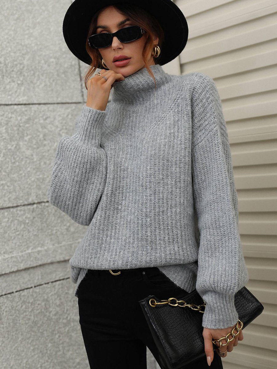 High Neck Balloon Sleeve Rib - Knit Pullover Sweater - Wow Store