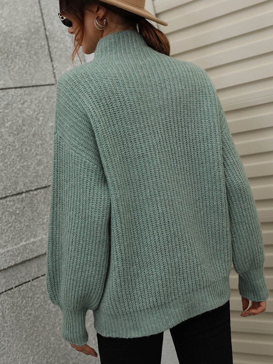 High Neck Balloon Sleeve Rib - Knit Pullover Sweater - Wow Store