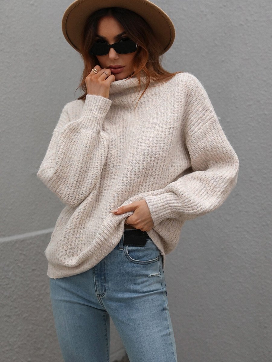 High Neck Balloon Sleeve Rib - Knit Pullover Sweater - Wow Store