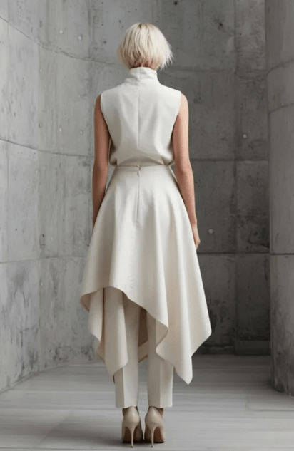 Back view of the beige set, with slim trousers worn under the skirt