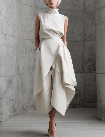 Beige top and draped skirt set, sleeveless high-neck top, front view