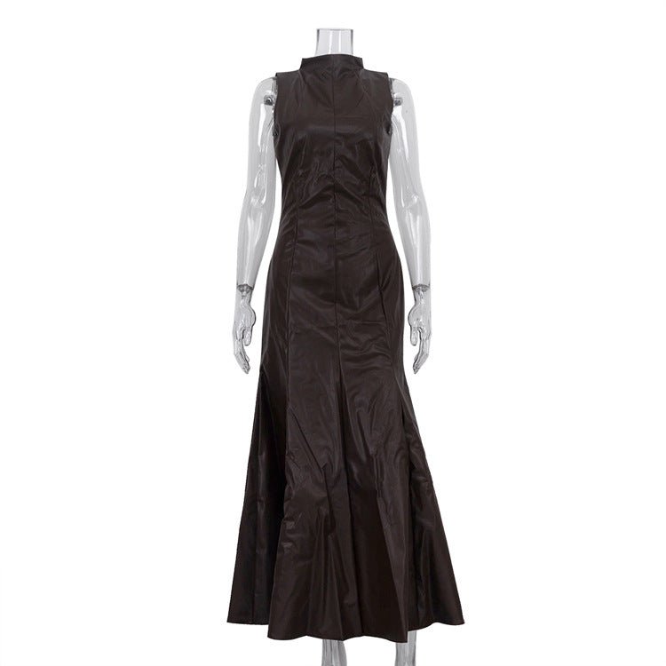 Brown mermaid dress on a mannequin, front view on white