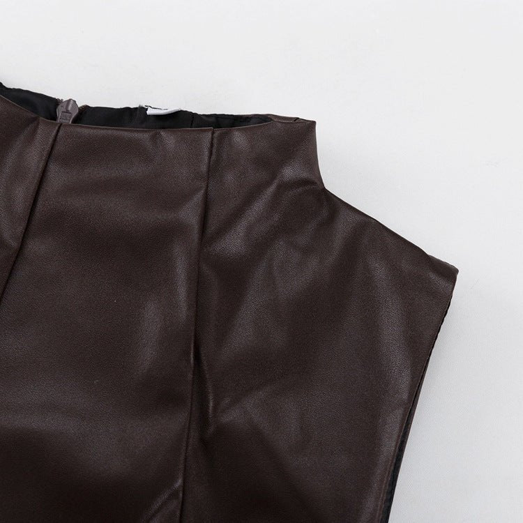 Stand collar and front panel seams of the brown dress, laid flat