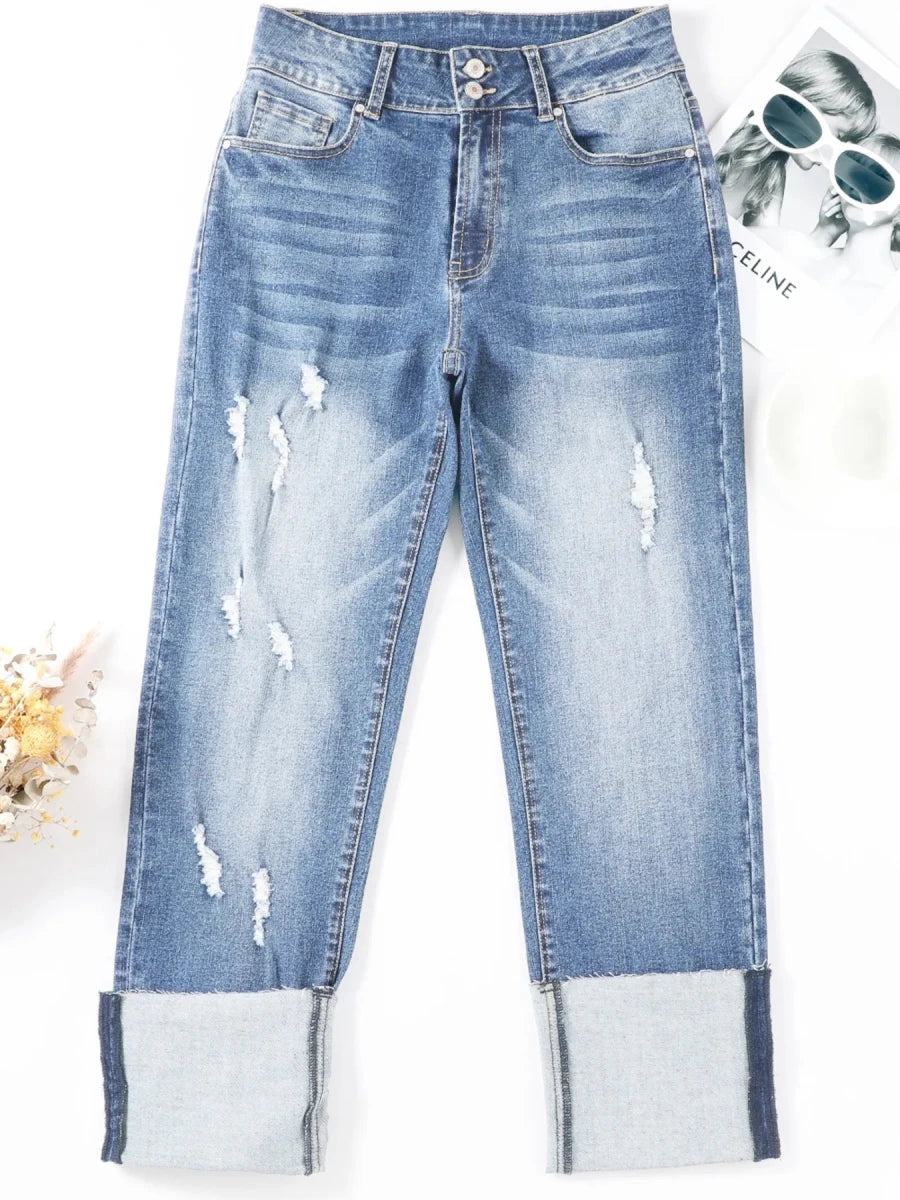 High Waist Distressed Straight Leg Jeans - Wow Store