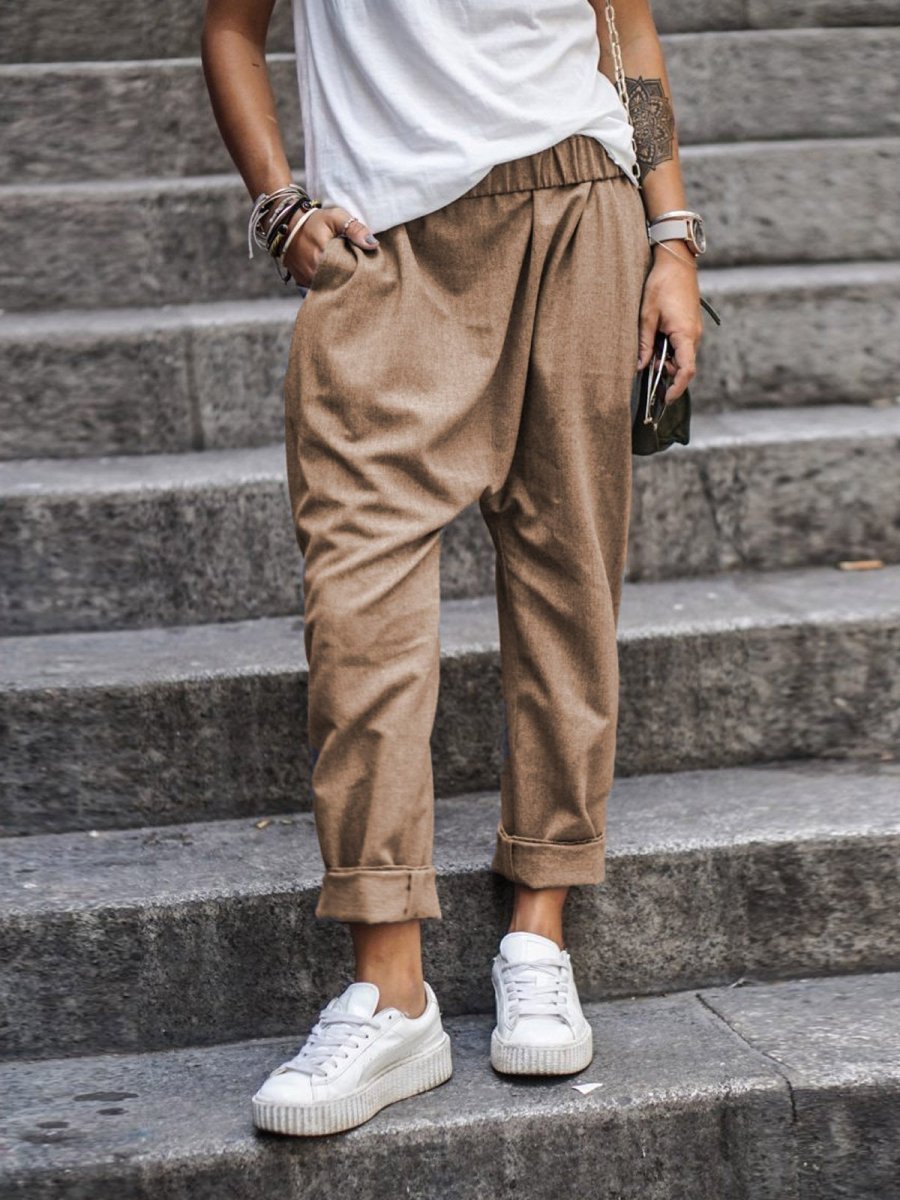 High-Waist Elastic Harem Trousers with Pockets in khaki