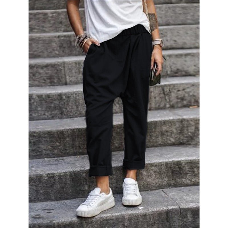 High-Waist Elastic Harem Trousers with Pockets in black