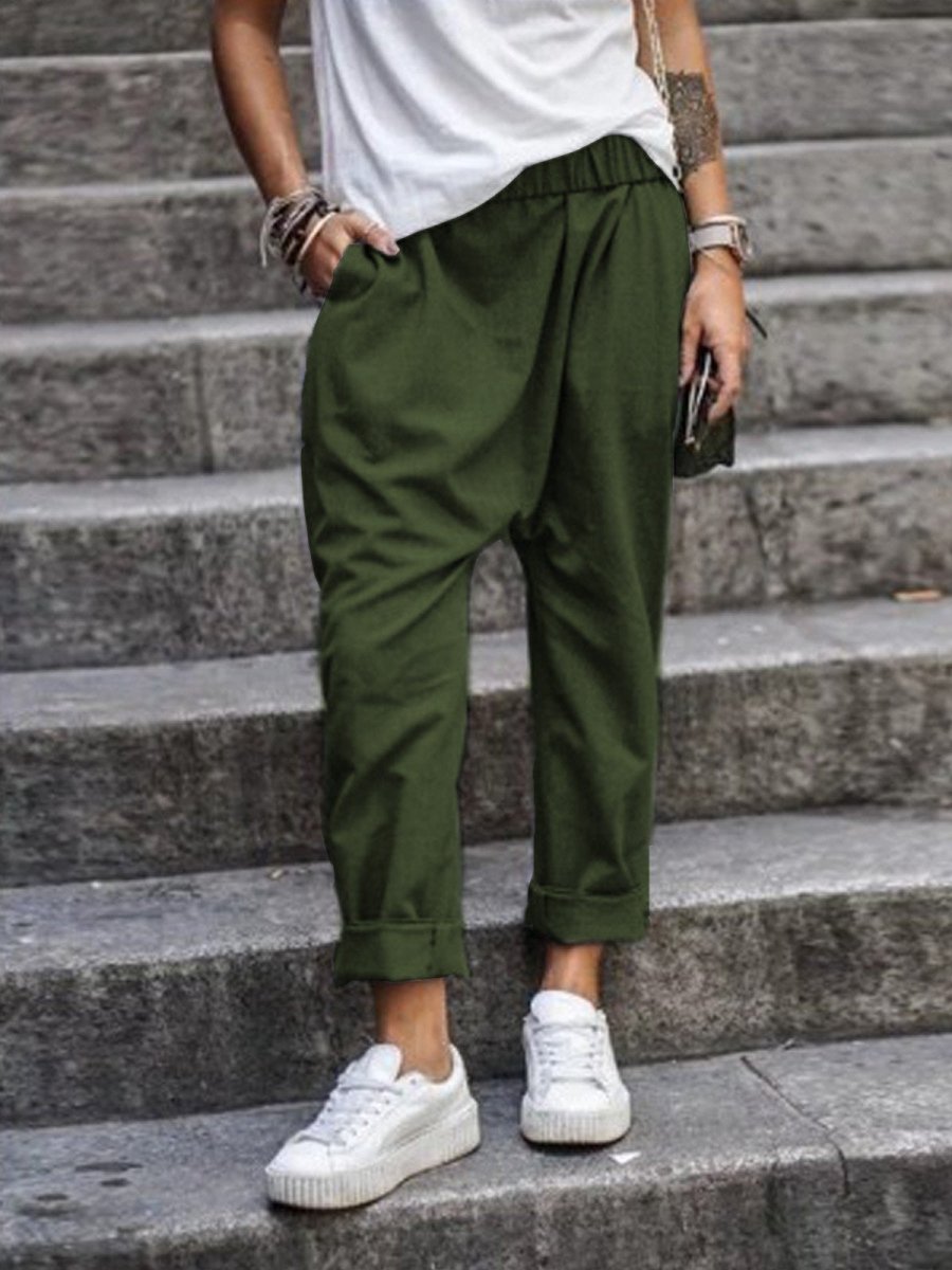 High-Waist Elastic Harem Trousers with Pockets in army green