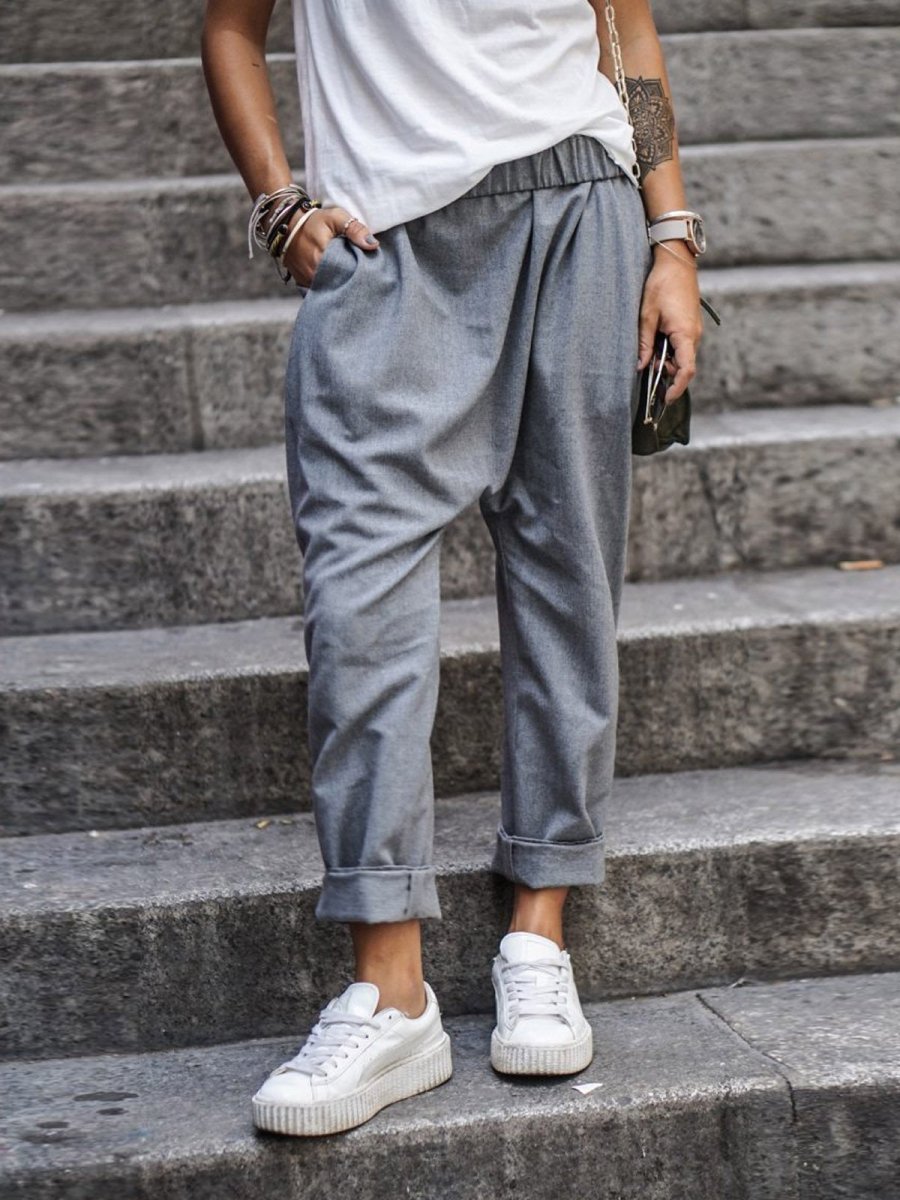High-Waist Elastic Harem Trousers with Pockets in gray