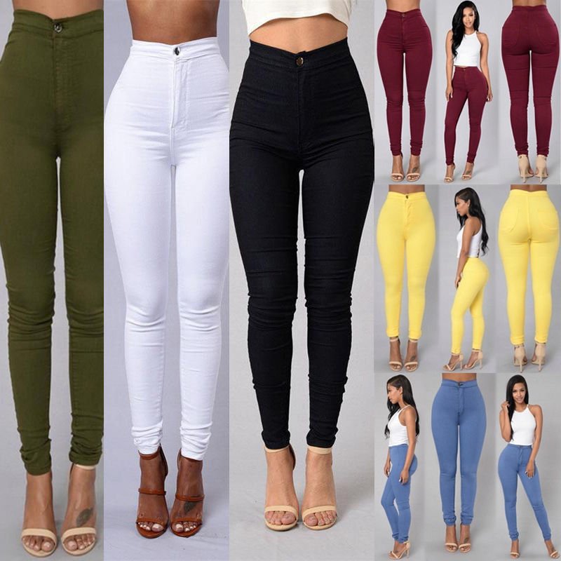 Colour overview collage of the skinny trousers, including a yellow pair not offered
