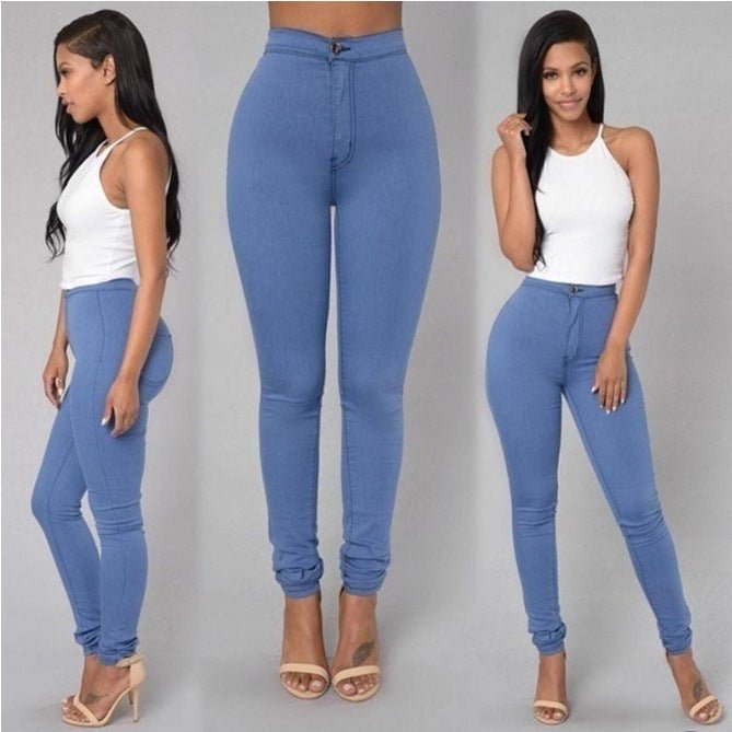 Blue skinny trousers from the side, front and with a white halter top