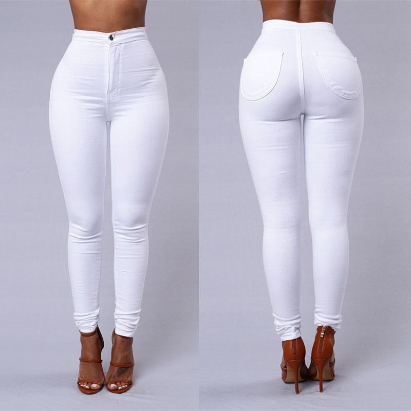 White high-waist skinny trousers, front and back, with back patch pockets
