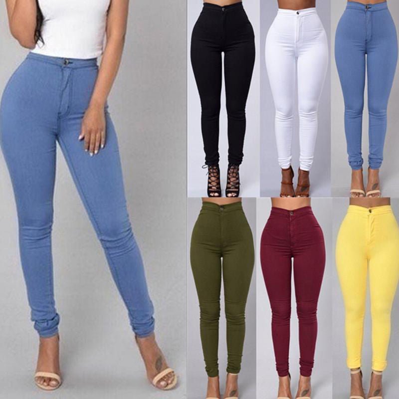 Collage of high-waist skinny trousers in blue, black, white, green, burgundy and yellow