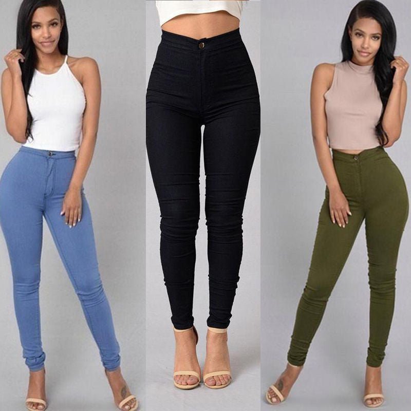 Models in blue, black and olive green high-waist skinny trousers with short tops