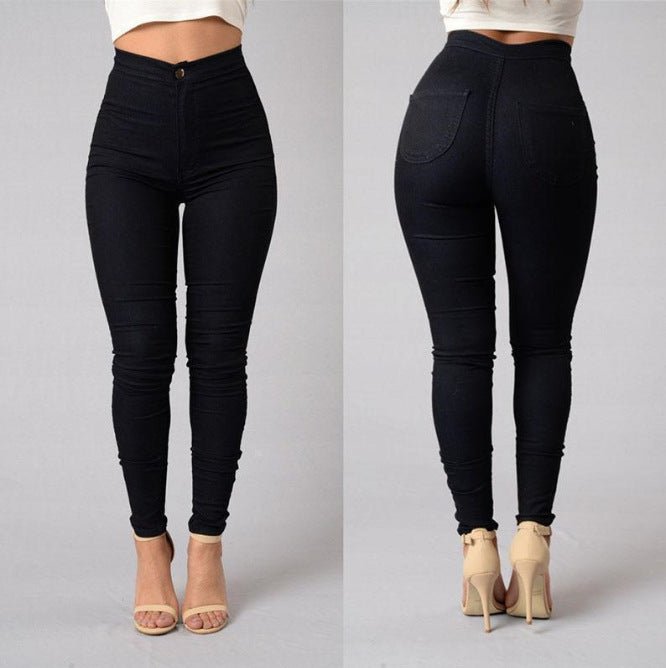 Black high-waist skinny trousers, front and back view