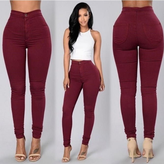 Burgundy high-waist trousers, front, model and back view