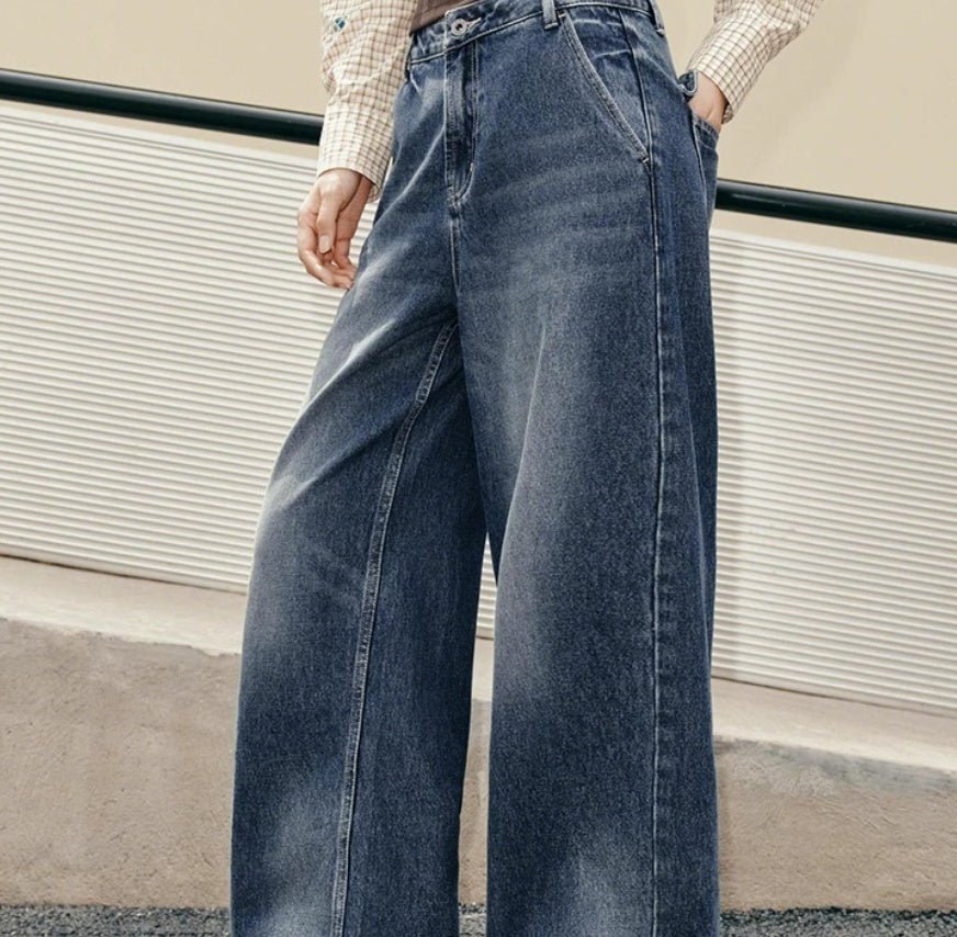 Dark blue high-waist wide-leg jeans in washed denim, worn with a checked shirt