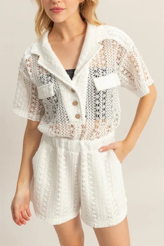 HYFVE Crochet Button Front Short Sleeve Romper - WowStore.live