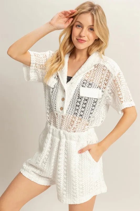 HYFVE Crochet Button Front Short Sleeve Romper - WowStore.live