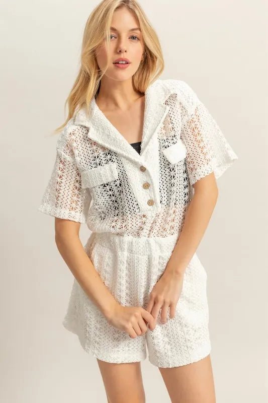 HYFVE Crochet Button Front Short Sleeve Romper - WowStore.live