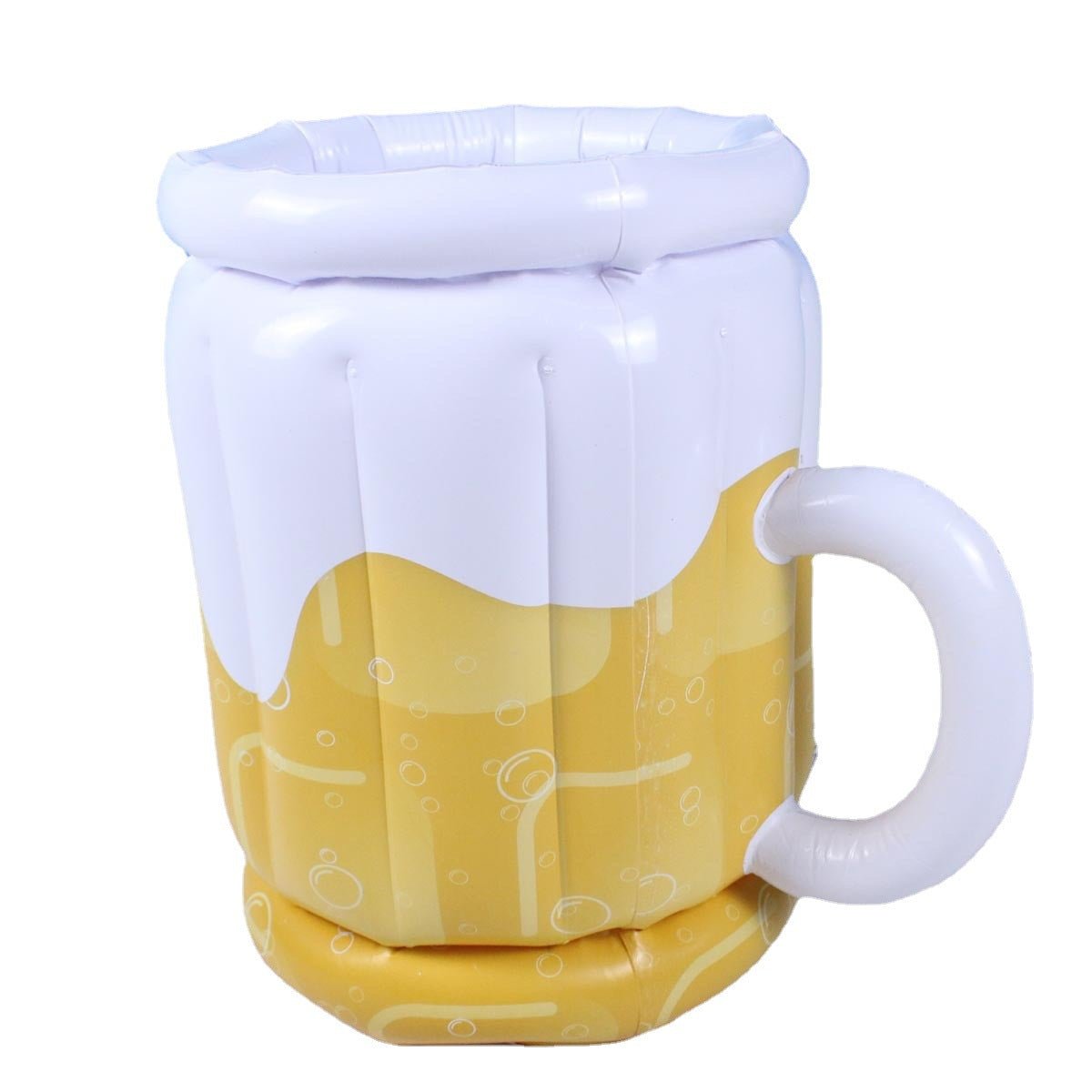 Inflatable beer-mug drink cooler, yellow and white, front view, showing foam top and handle, on plain background