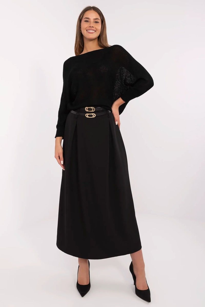 Elegant Italy Moda women's cotton midi skirt in navy blue, featuring a tailored waistband and subtle pleating detail