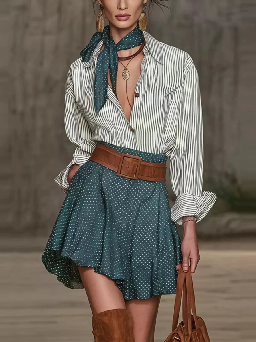 Jade Button Up Shirt and Polka Dot Skirt Set - WowStore.live