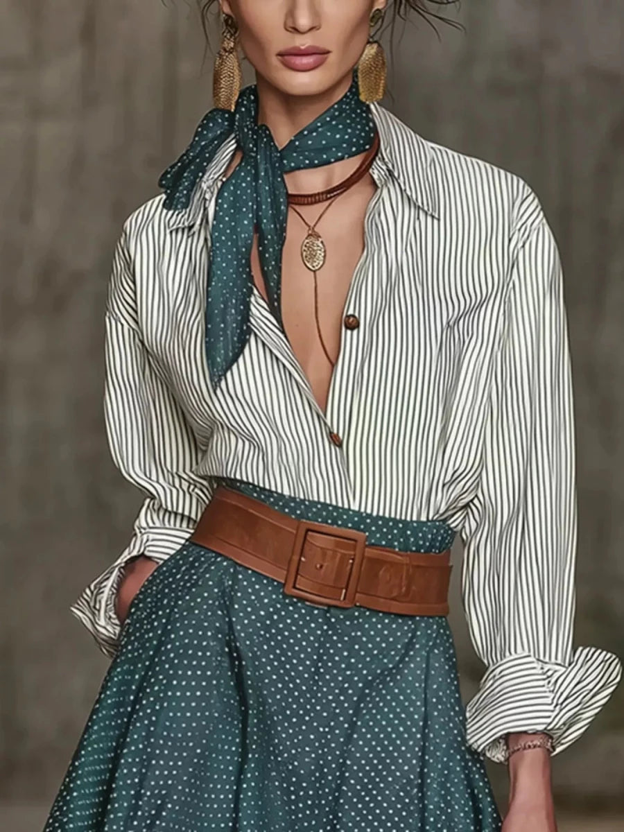 Jade Button Up Shirt and Polka Dot Skirt Set - WowStore.live