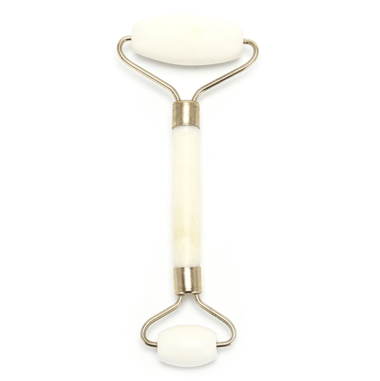 Front view of the jade facial massage roller with two white rollers and a gold-colored metal frame on a white background