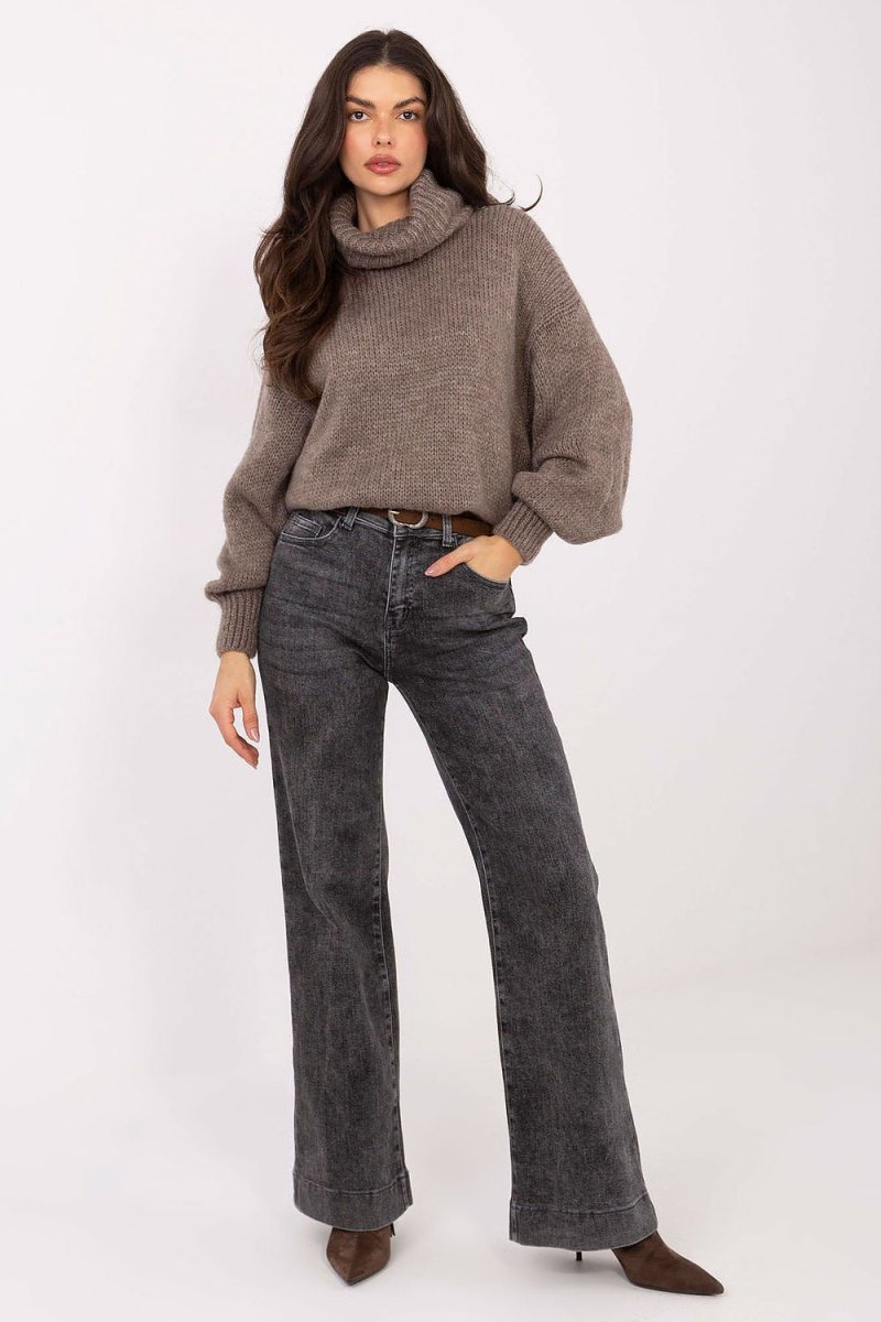 Grey high-waisted straight leg denim jeans on model — Factory Price women's trousers