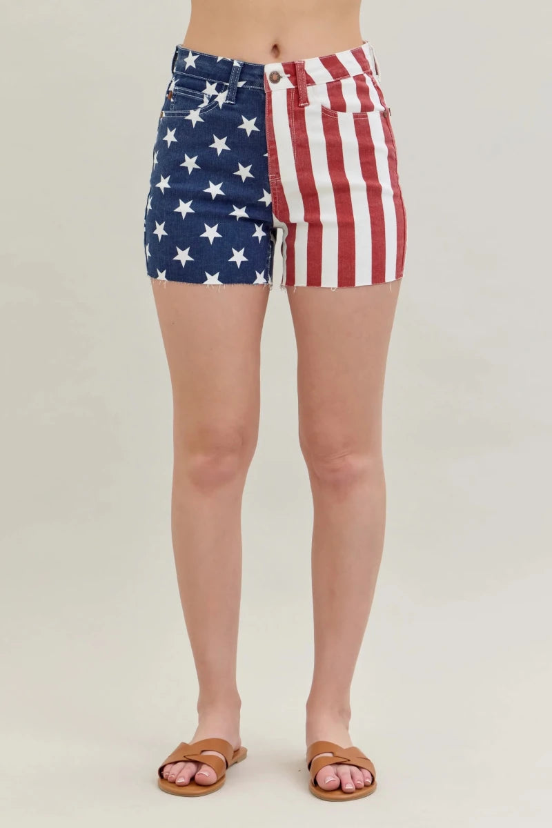 Judy Blue Full Size High Waist Americana Flag Fray Hem Shorts Plus Size - Wow Store