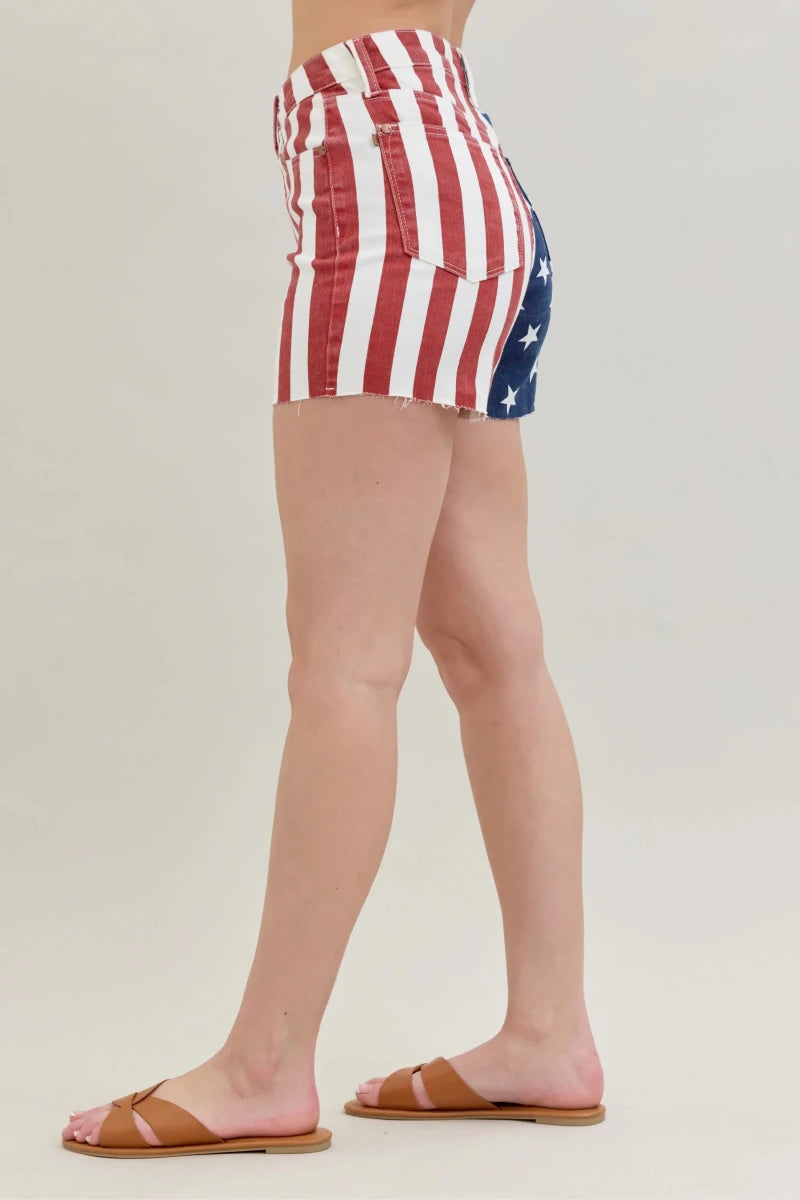 Judy Blue Full Size High Waist Americana Flag Fray Hem Shorts Plus Size - Wow Store