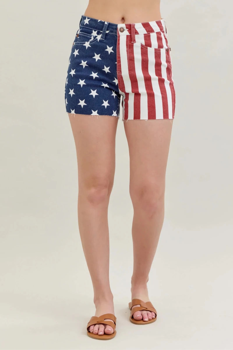 Judy Blue high-waisted shorts with American flag print and frayed hem in plus size - blue denim fashion