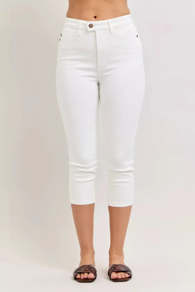 Judy Blue High Waist Capri Pants with Extended Waistband and Spade Pockets in blue denim