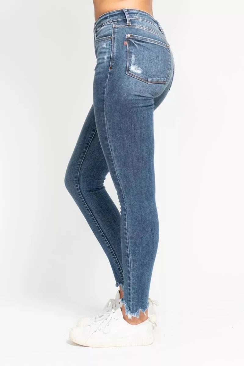 Judy Blue High Waist Skinny Jeans with Destroy & Shark Bit Hem - Wow Store