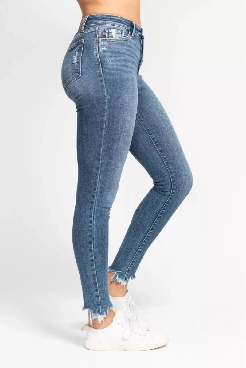 Judy Blue High Waist Skinny Jeans with Destroy & Shark Bit Hem - Wow Store