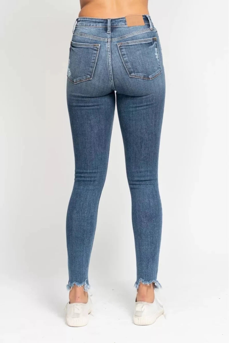 Judy Blue High Waist Skinny Jeans with Destroy & Shark Bit Hem - Wow Store