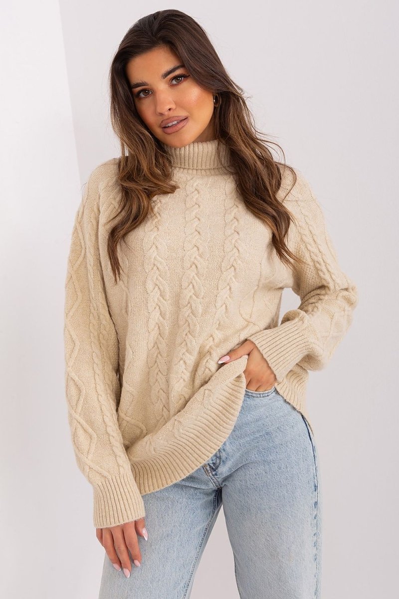Beige plaid turtleneck jumper on a hanger with soft knit texture and classic collar detail