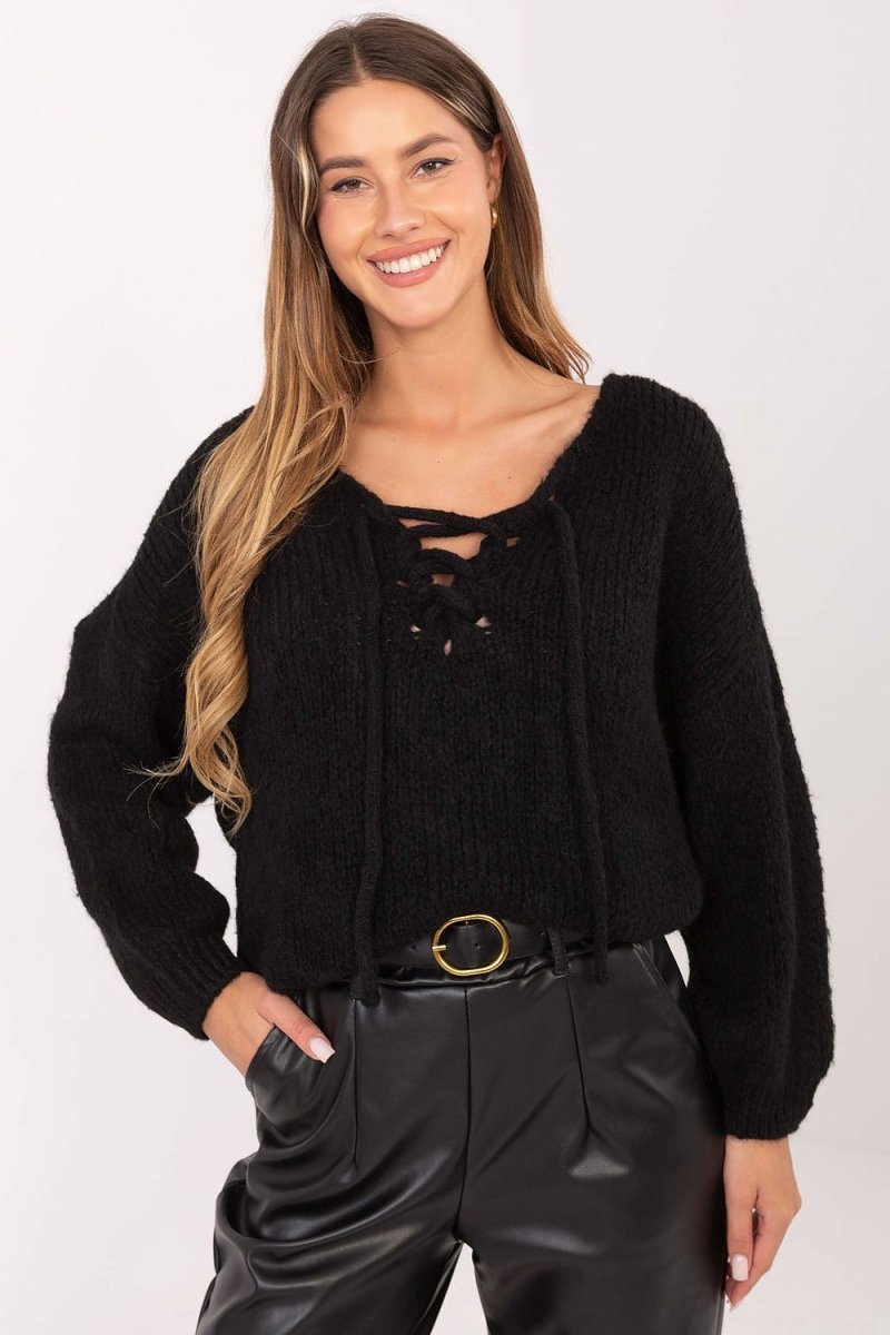 Black wool jumper for women – Italy Moda knitwear with refined silhouette and soft texture