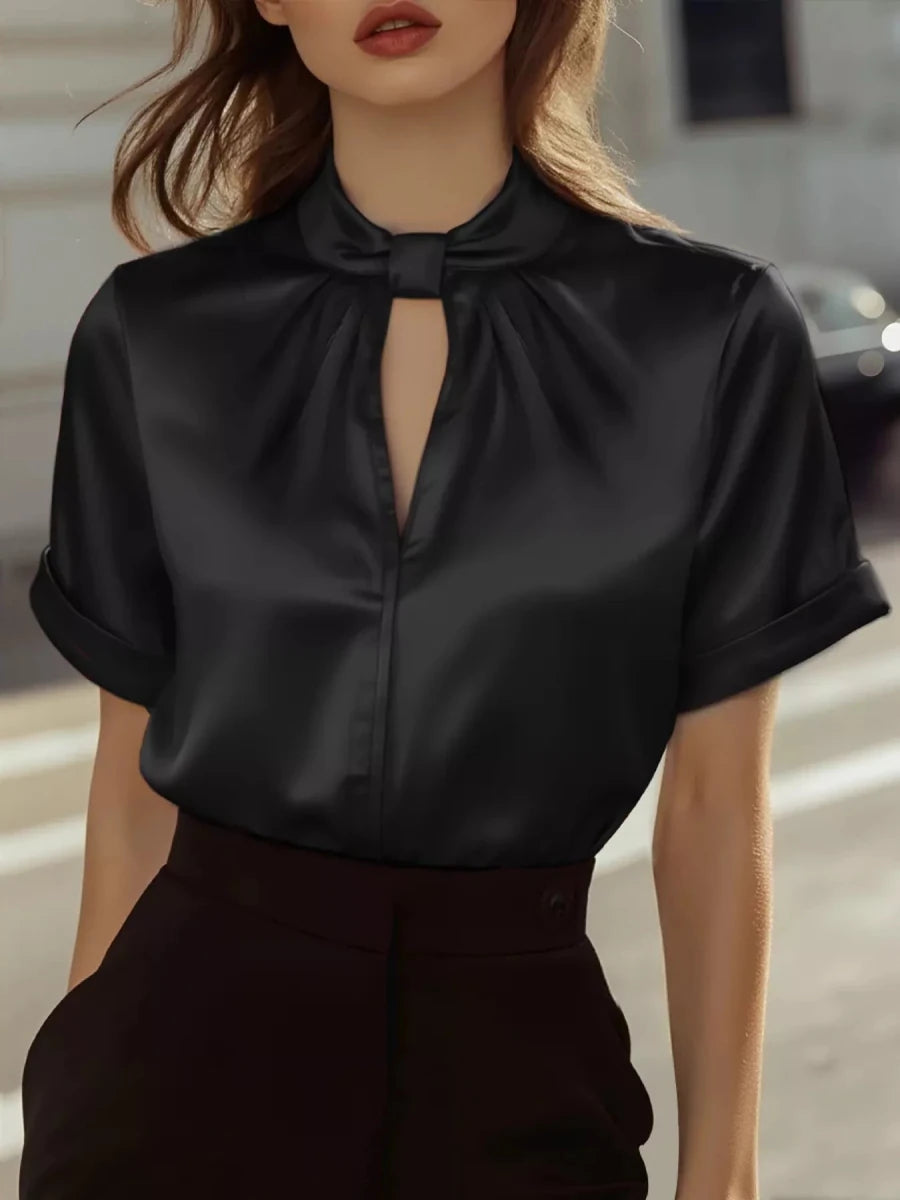 Keyhole Neck Satin Blouse - Wow Store