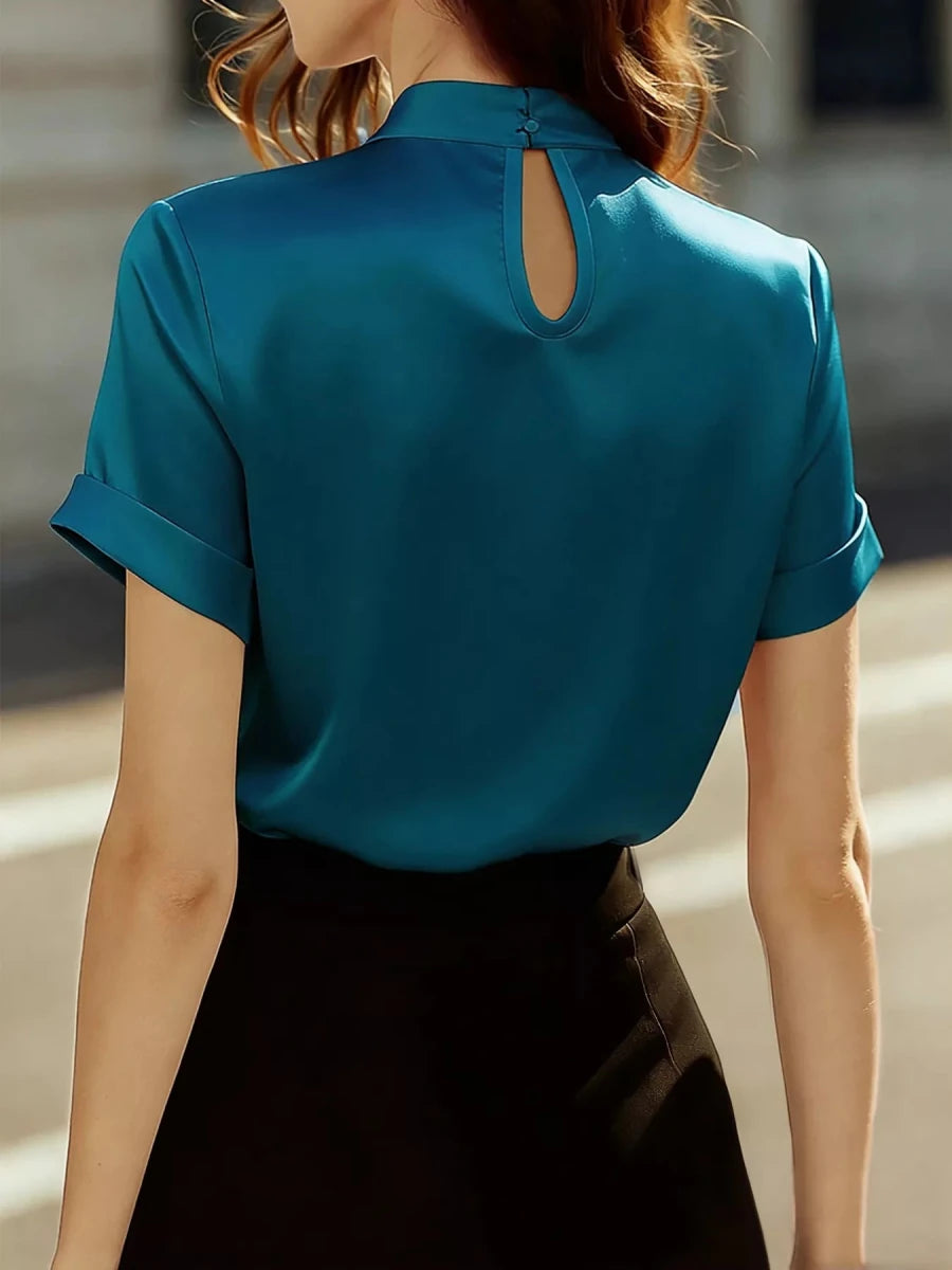Keyhole Neck Satin Blouse - Wow Store