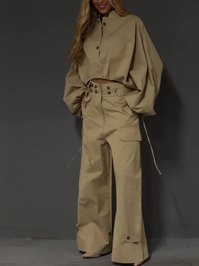 Khaki Cropped Puff-Sleeve Top and Wide-Leg Cargo Trousers Set - WowStore.live