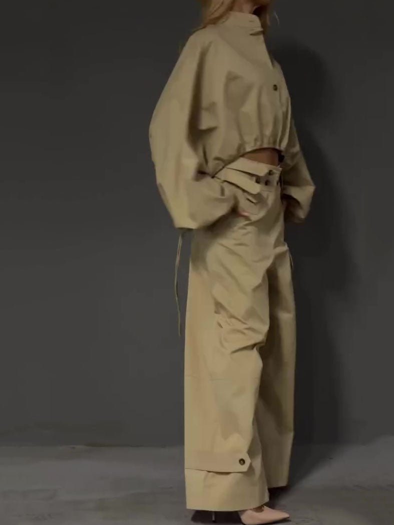 Khaki Cropped Puff-Sleeve Top and Wide-Leg Cargo Trousers Set - WowStore.live