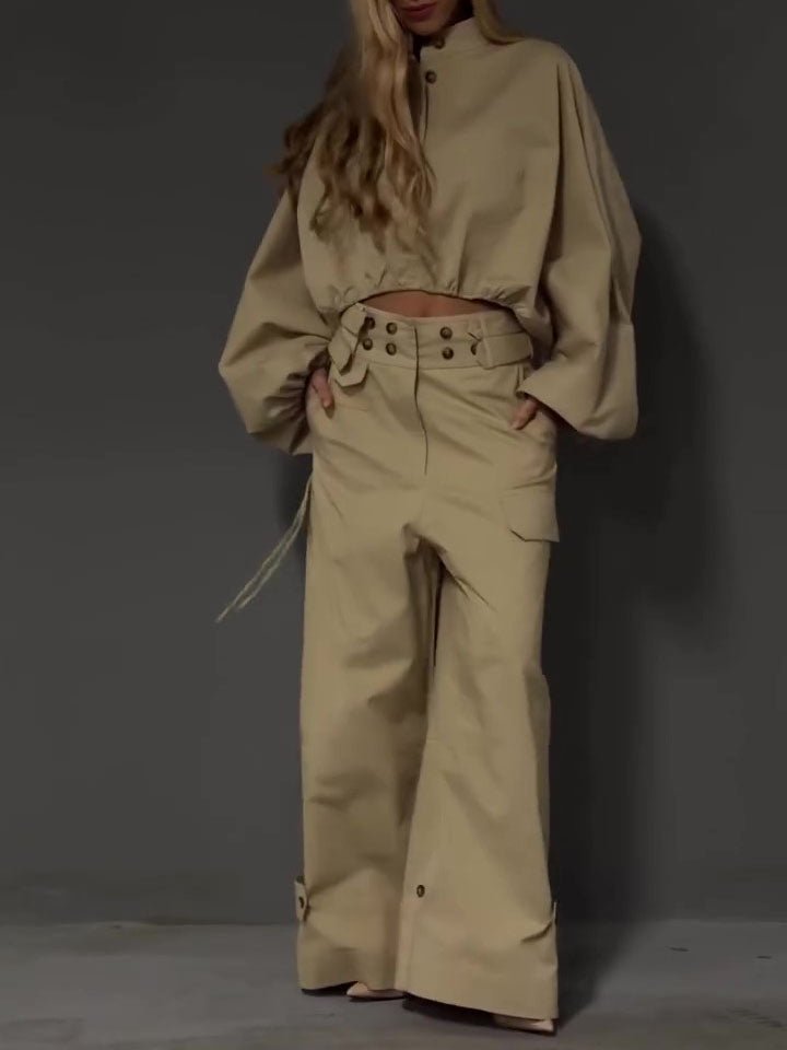 Khaki Cropped Puff-Sleeve Top and Wide-Leg Cargo Trousers Set - WowStore.live