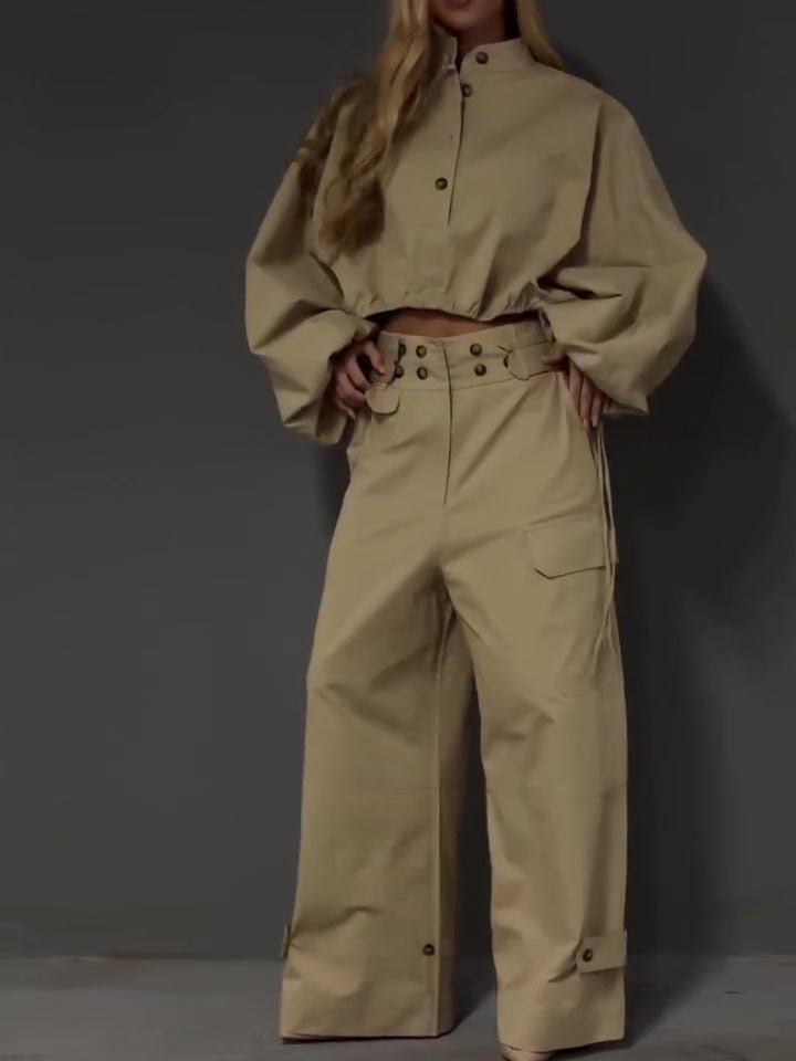 Khaki Cropped Puff-Sleeve Top and Wide-Leg Cargo Trousers Set - WowStore.live