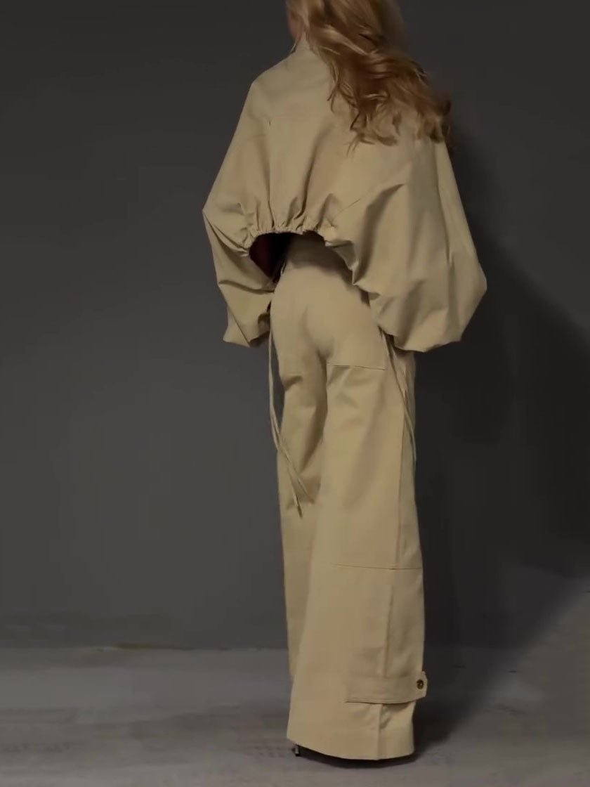 Khaki Cropped Puff-Sleeve Top and Wide-Leg Cargo Trousers Set - WowStore.live